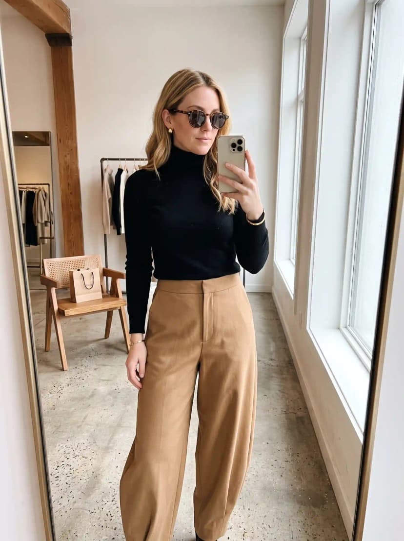 Black Turtleneck + Tan Wide-Leg Trousers