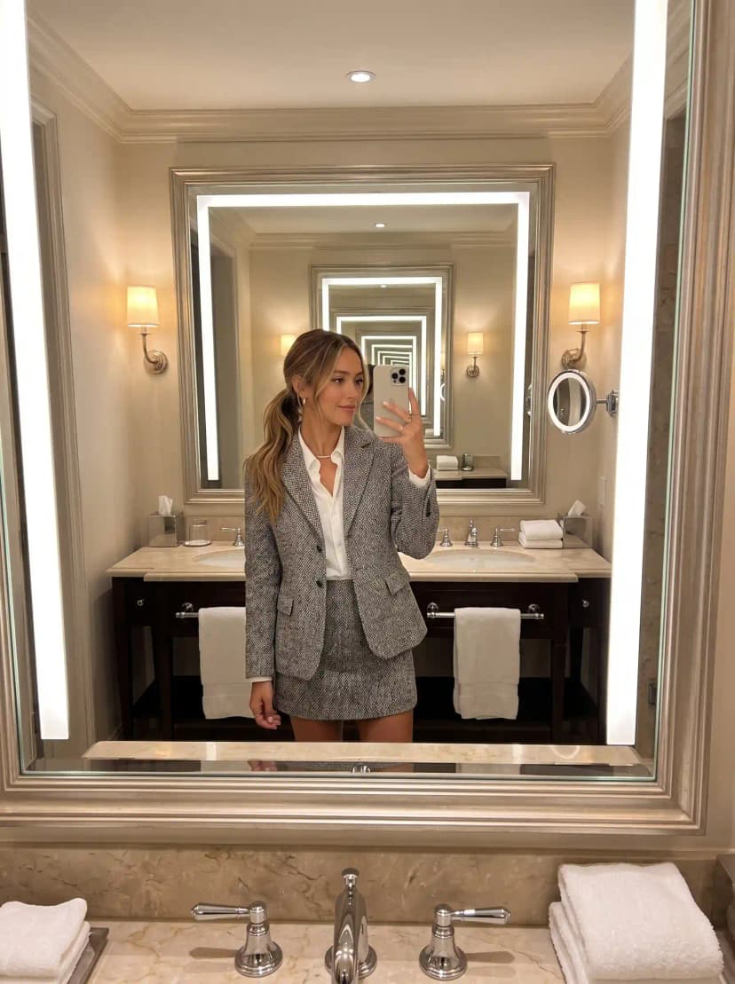 White Button-Up + Grey Tweed Blazer + Tweed Mini Skirt