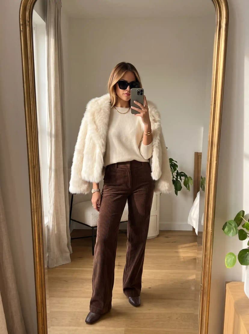 Cream Sweater + White Faux Fur Jacket + Brown Corduroy Trousers