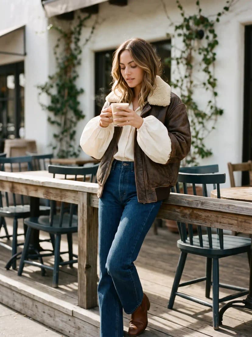 Cream Puff Sleeve Blouse + Brown Shearling Bomber + Blue Jeans