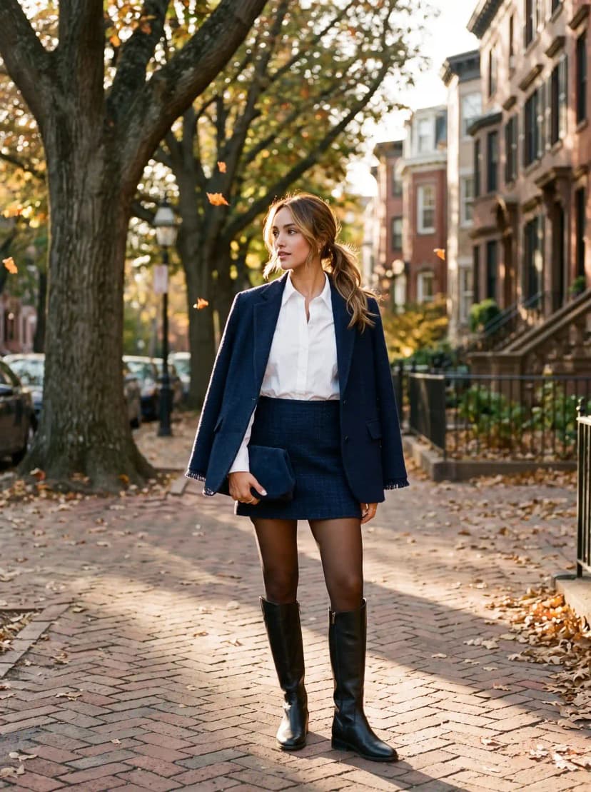 White Button-Up + Navy Tweed Blazer + Navy Mini Skirt