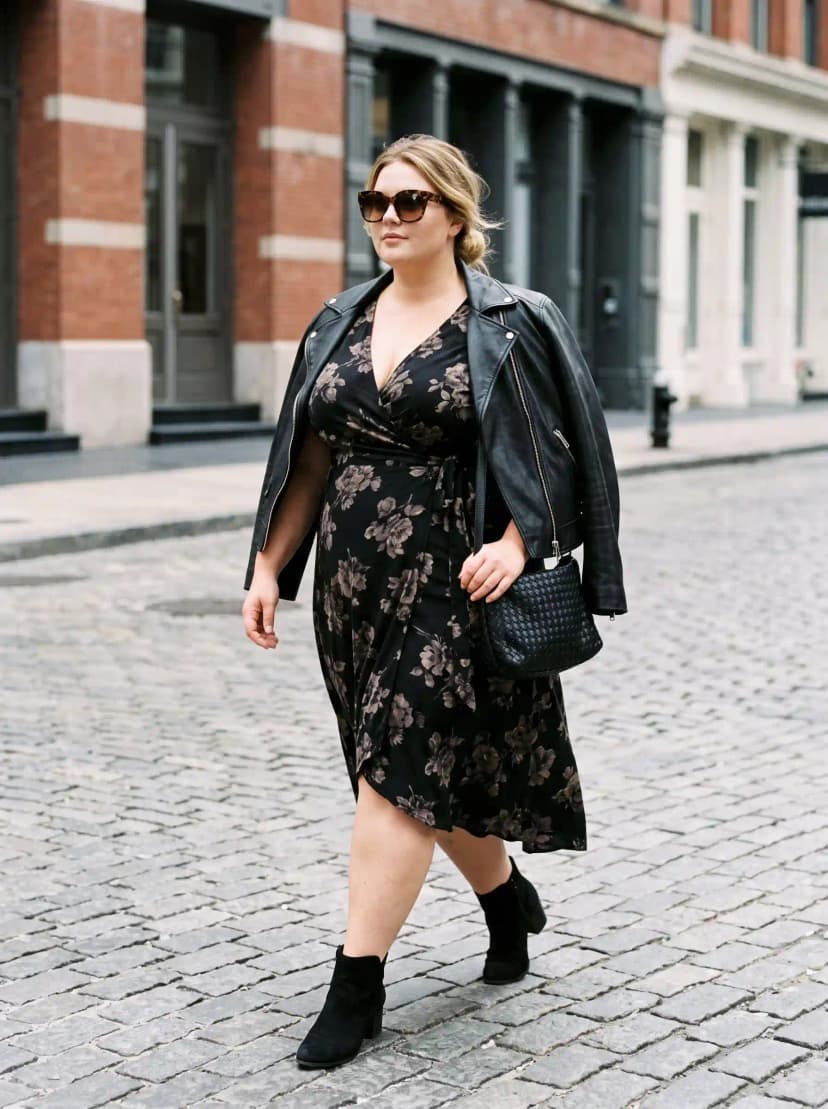 Black Leather Jacket + Floral Wrap Dress + Black Ankle Boots