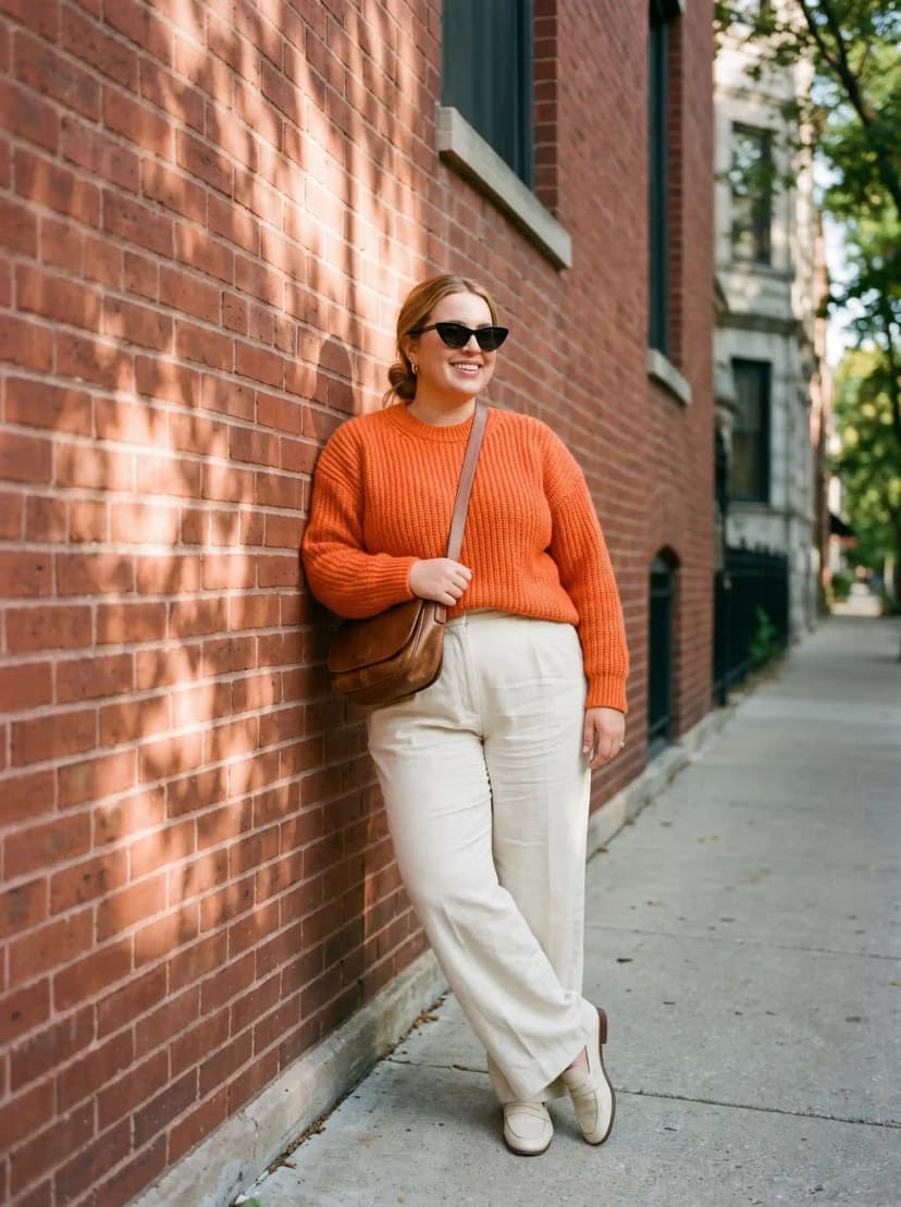 Orange Sweater + Cream Trousers
