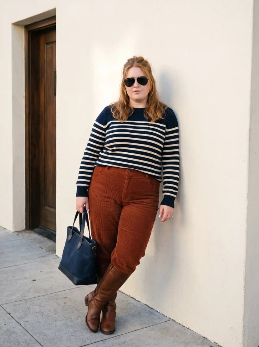 Striped Sweater + Brown Corduroy Pants