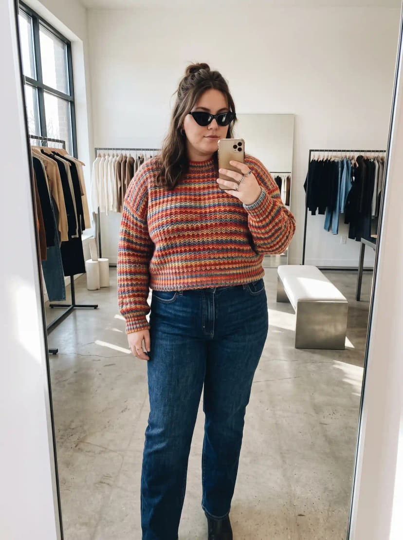 Multicolor Striped Sweater + Blue Jeans