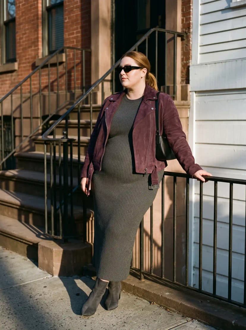 Burgundy Suede Moto Jacket + Grey Knit Dress