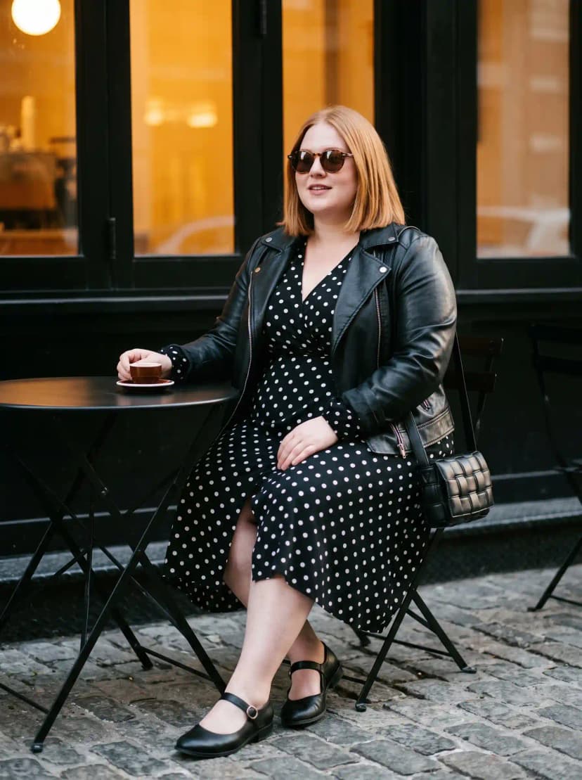 Black Leather Jacket + Polka Dot Dress