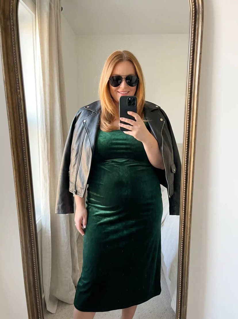 Black Leather Jacket + Green Velvet Dress