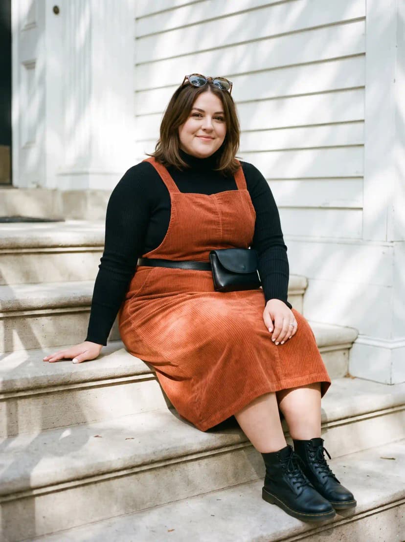 Black Turtleneck + Rust Corduroy Pinafore Dress