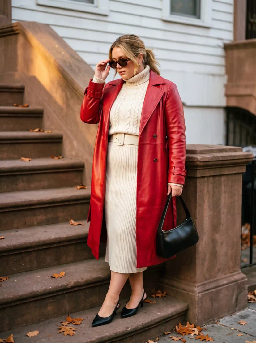 Red Leather Trench Coat + Cream Cable-Knit Dress