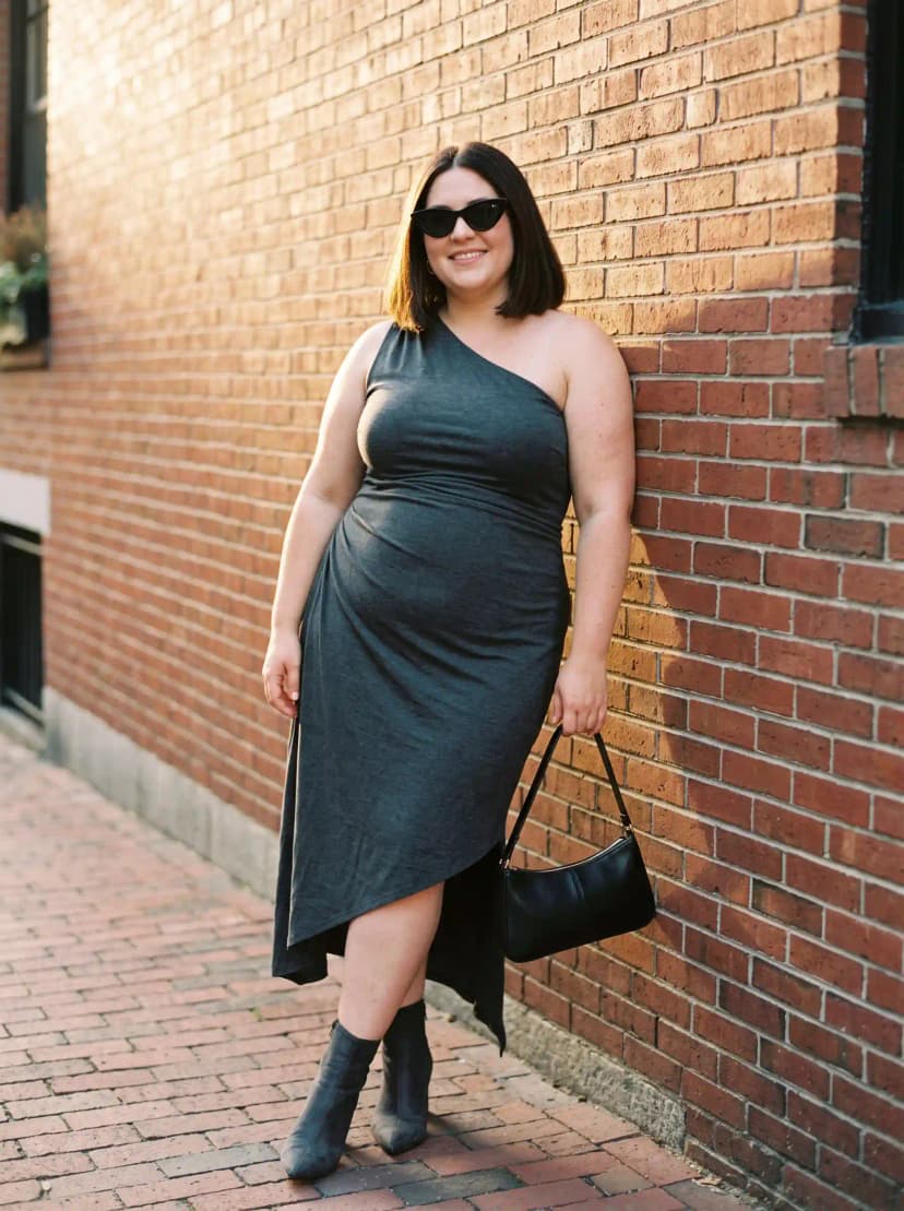 Charcoal One-Shoulder Midi Dress + Black Ankle Boots