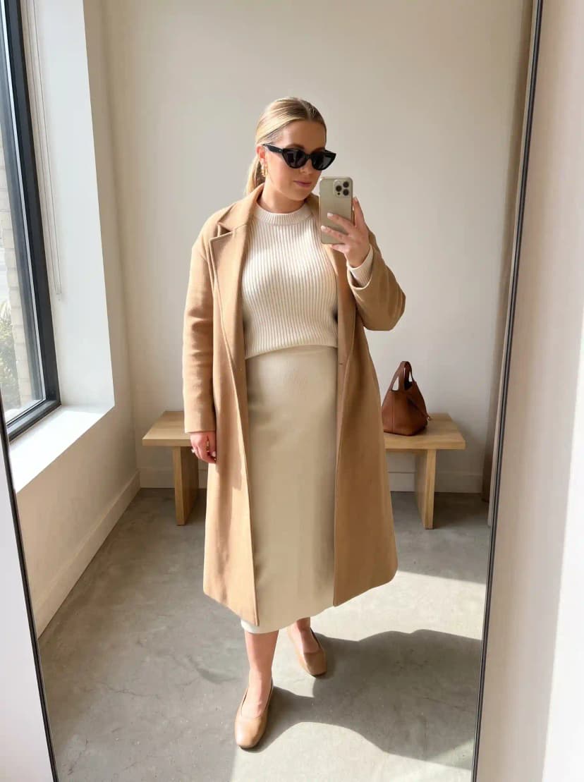 Cream Sweater + Beige Skirt + Camel Coat