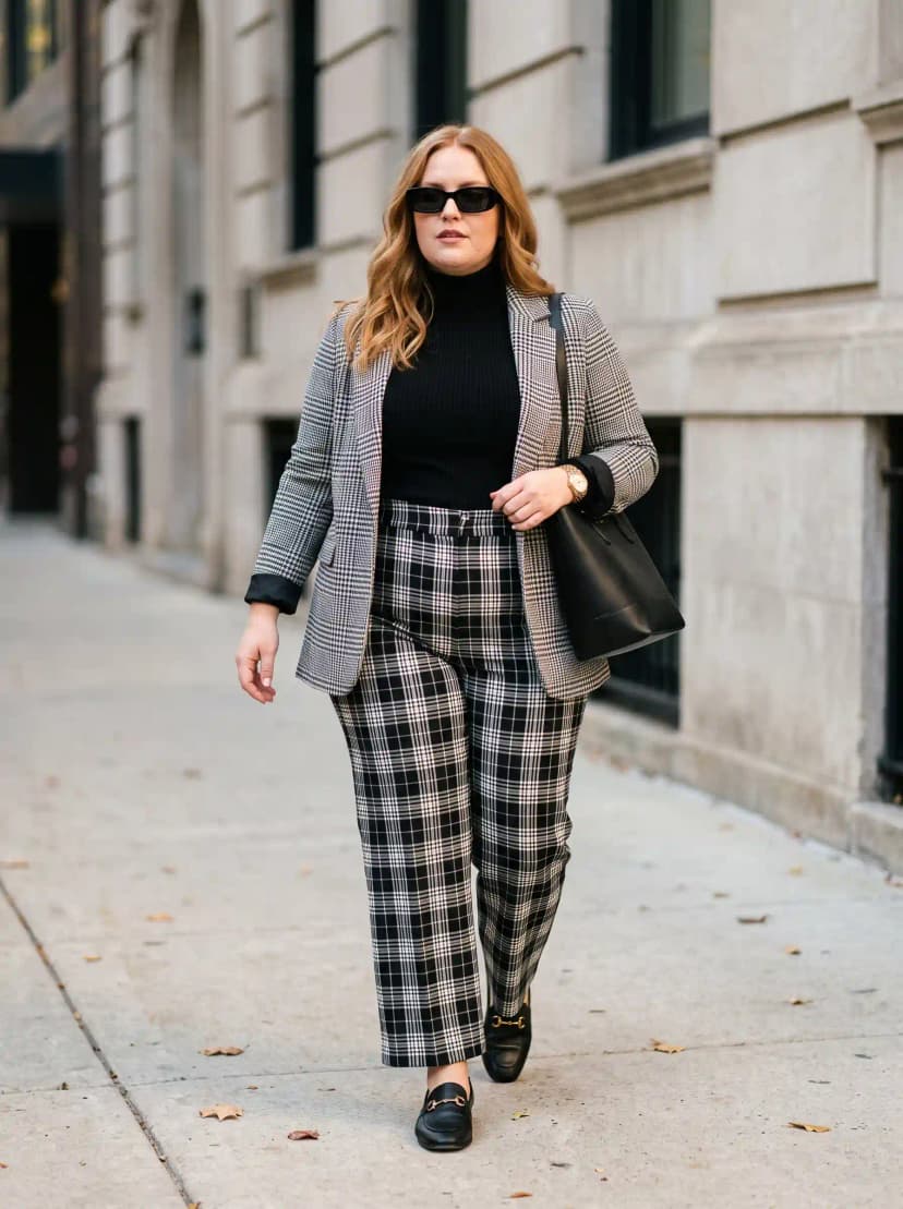 Plaid Blazer + Black Turtleneck + Plaid Trousers