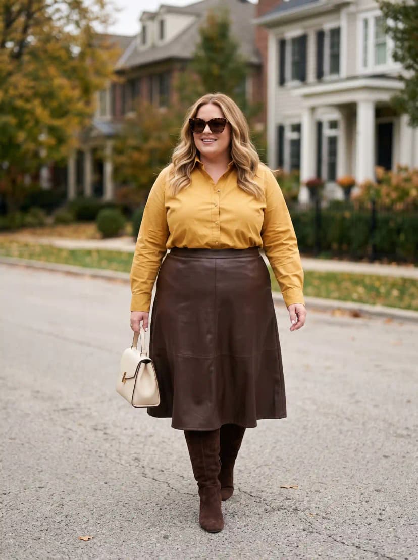 Mustard Yellow Button-Down + Brown Faux Leather Skirt