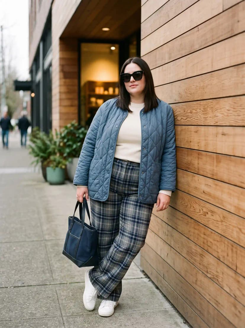 Blue Quilted Jacket + Cream Sweater + Plaid Trousers