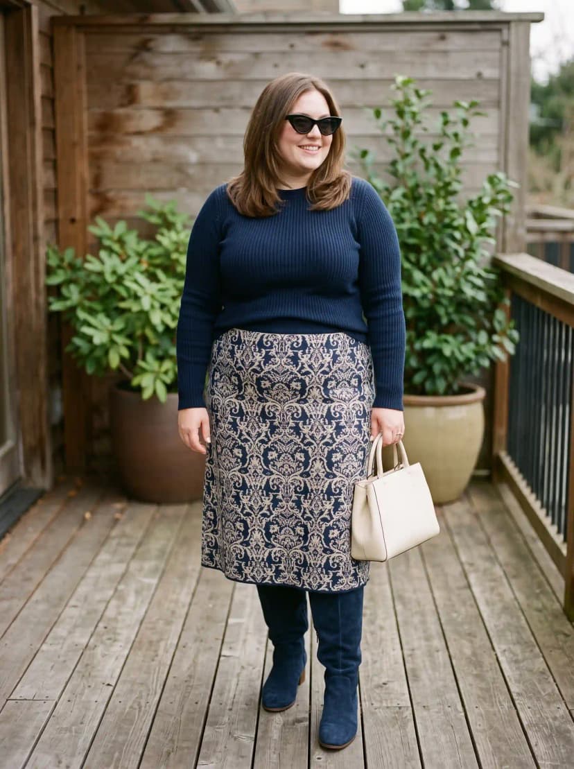 Navy Ribbed Sweater + Printed Midi Skirt