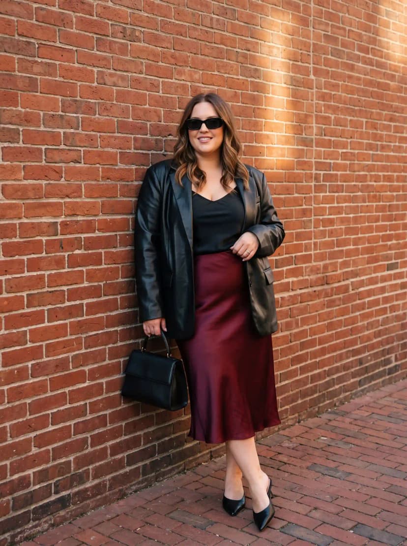 Black Blazer + Black Cami + Burgundy Slip Skirt