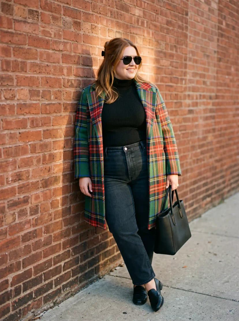 Tartan Coat + Black Turtleneck + Black Jeans