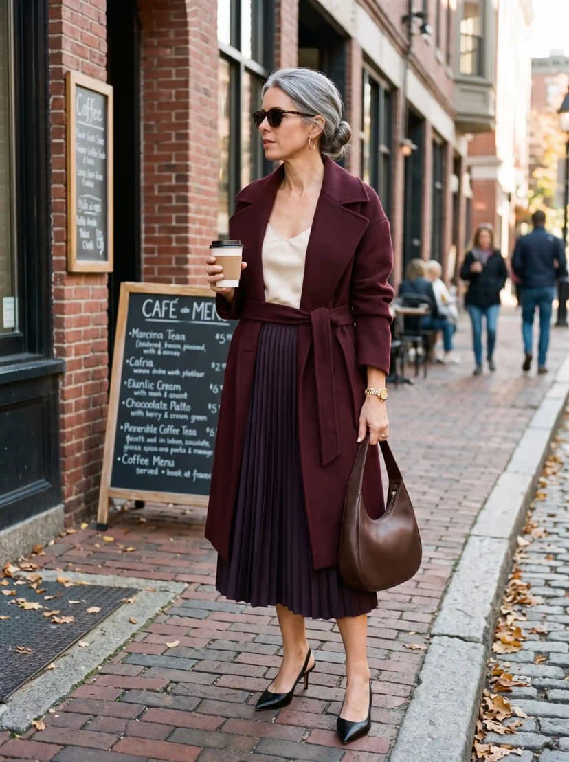 Burgundy Wrap Coat + Ivory Camisole + Plum Pleated Skirt