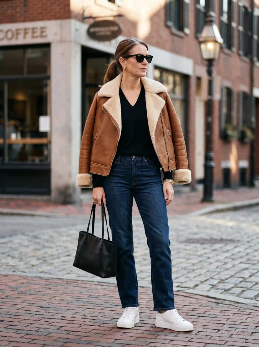 Shearling Jacket + Black V-Neck Top + Dark Wash Jeans