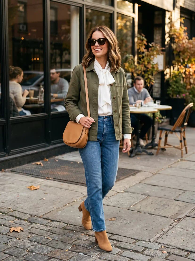 Olive Utility Jacket + White Bow Blouse + Medium-Wash Jeans
