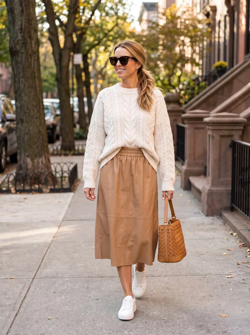 Cream Cable-Knit Sweater + Camel Leather Midi Skirt