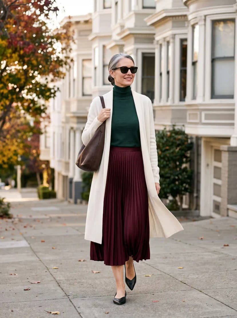 Cream Cardigan + Forest Green Turtleneck + Burgundy Pleated Skirt