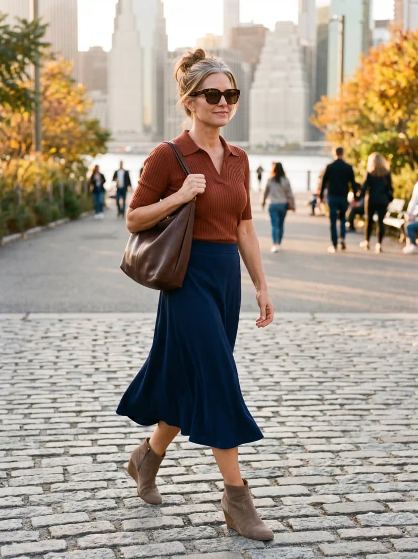 Rust Collared Top + Navy Midi Skirt