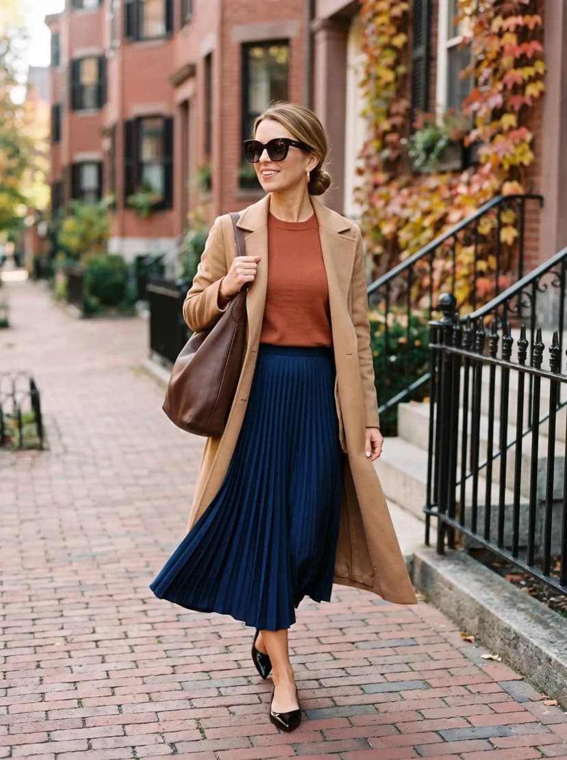 Camel Coat + Rust Crewneck + Navy Pleated Skirt