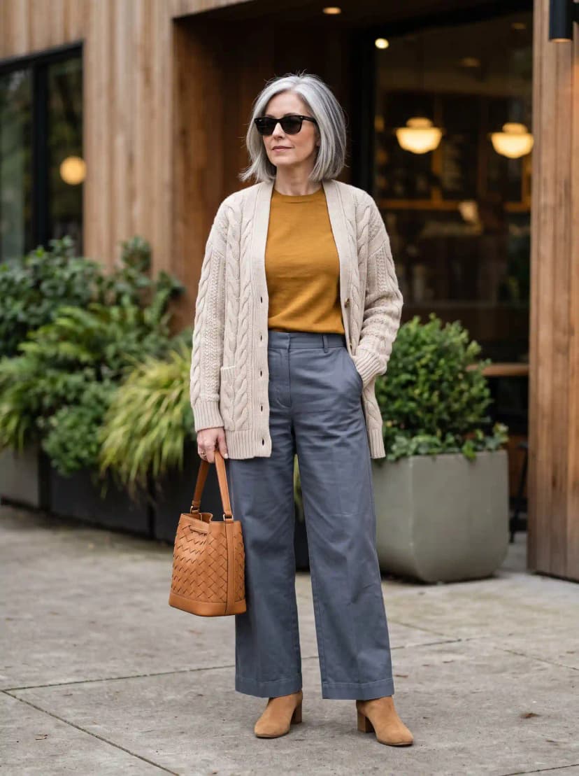 Cream Cable-Knit Cardigan + Mustard Top + Steel Blue Trousers