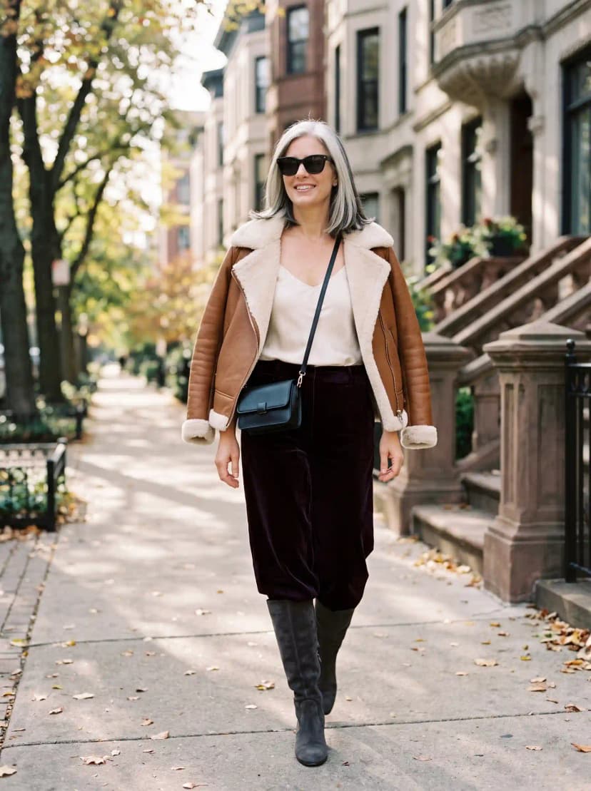 Shearling Jacket + Cream Camisole + Burgundy Velvet Trousers
