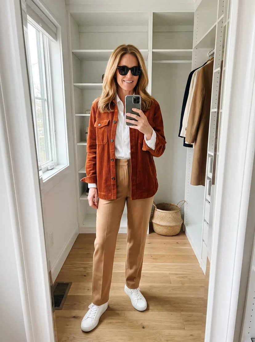 Rust Corduroy Shacket + White Blouse + Camel Trousers