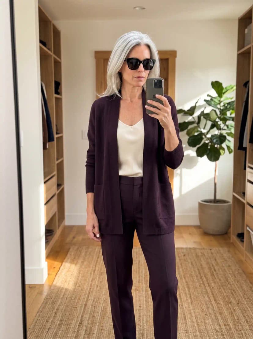 Plum Cardigan + Cream Camisole + Plum Trousers