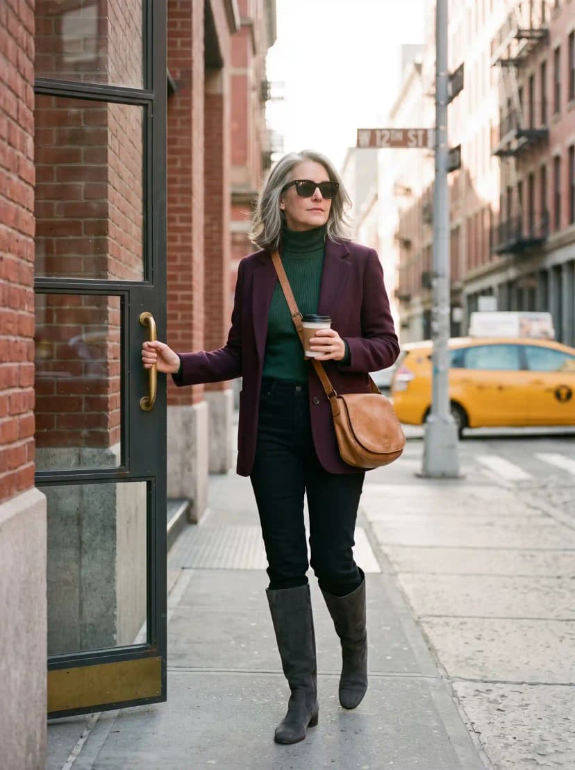 Burgundy Blazer + Forest Green Turtleneck + Black Jeans