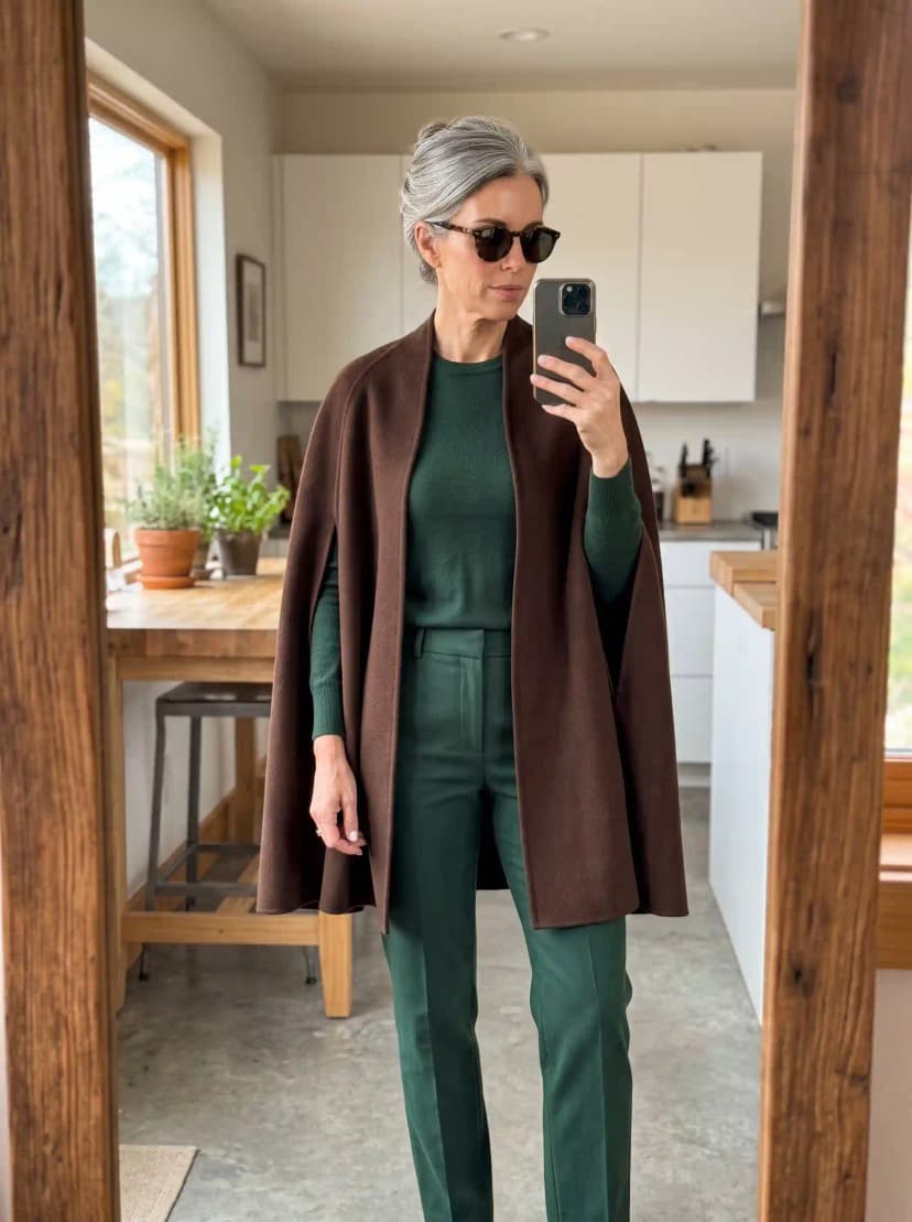 Chocolate Brown Cape + Forest Green Top + Forest Green Trousers