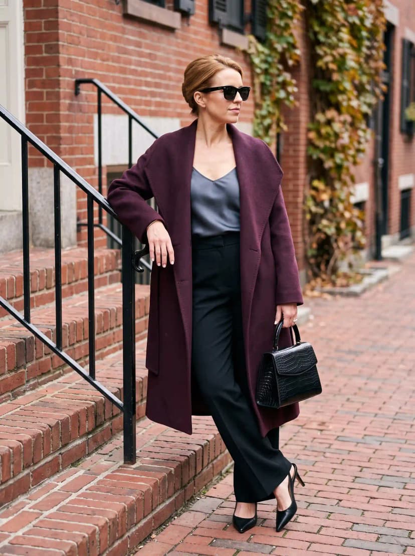 Burgundy Wool Coat + Slate Blue Camisole + Black Wide-Leg Trousers