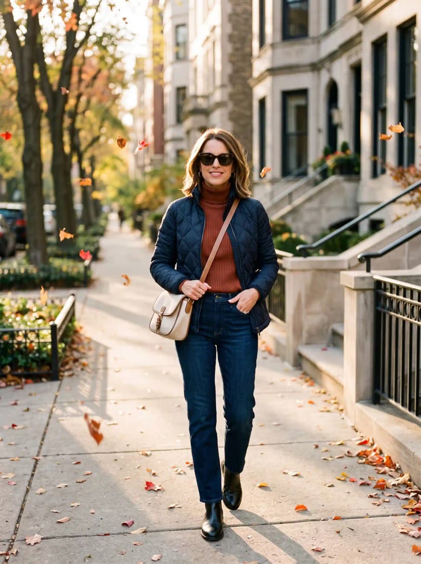 Navy Puffer Jacket + Rust Turtleneck + Dark Wash Jeans