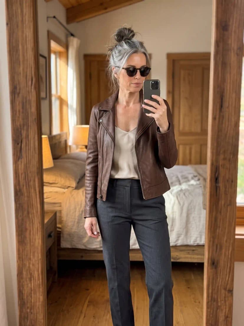 Chocolate Brown Leather Jacket + Champagne Camisole + Charcoal Trousers