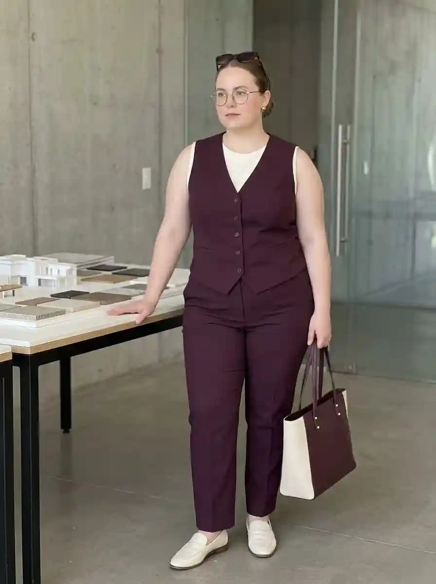 Burgundy tailored vest and matching trousers set with cream sleeveless top and ivory loafers