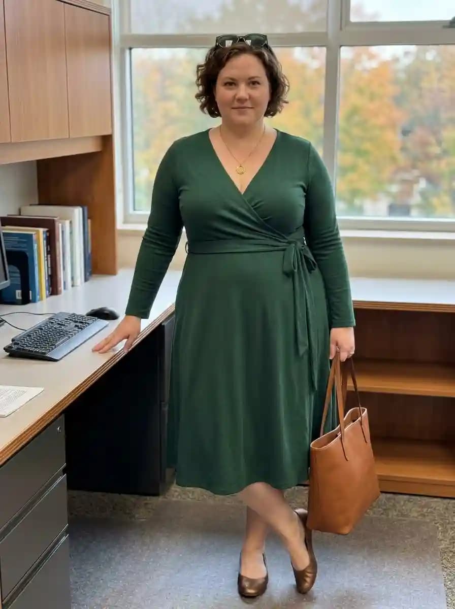 Forest dark green wrap midi dress with bronze flats, cognac tote, and gold pendant necklace