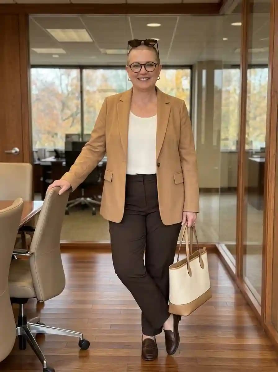 Camel tailored blazer over cream top with dark chocolate brown trousers, brown loafers, and cream tote