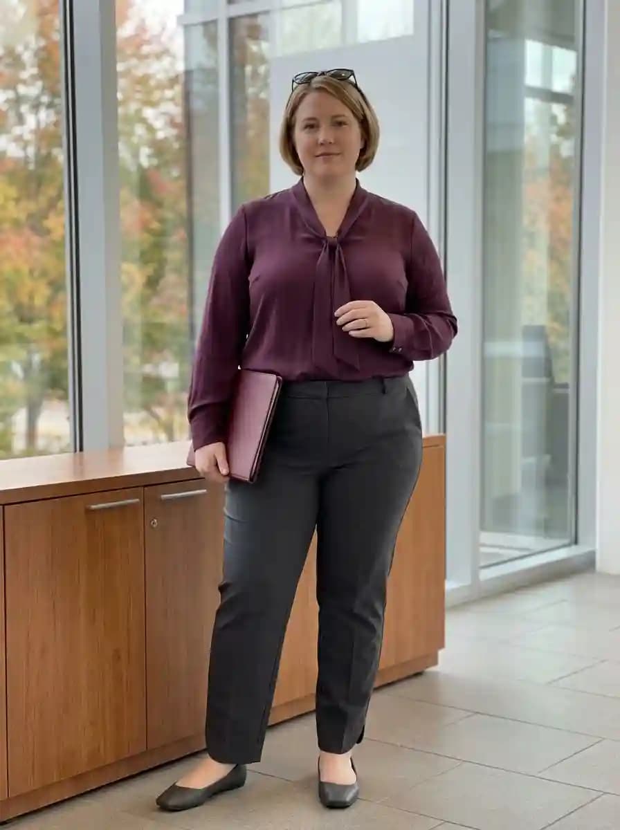 Plum tie-neck bow blouse tucked into charcoal tailored trousers with charcoal flats