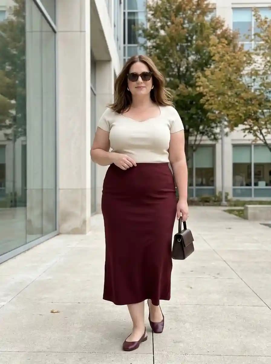 Cream sweetheart neck fitted top with high-waisted burgundy midi pencil skirt and burgundy flats