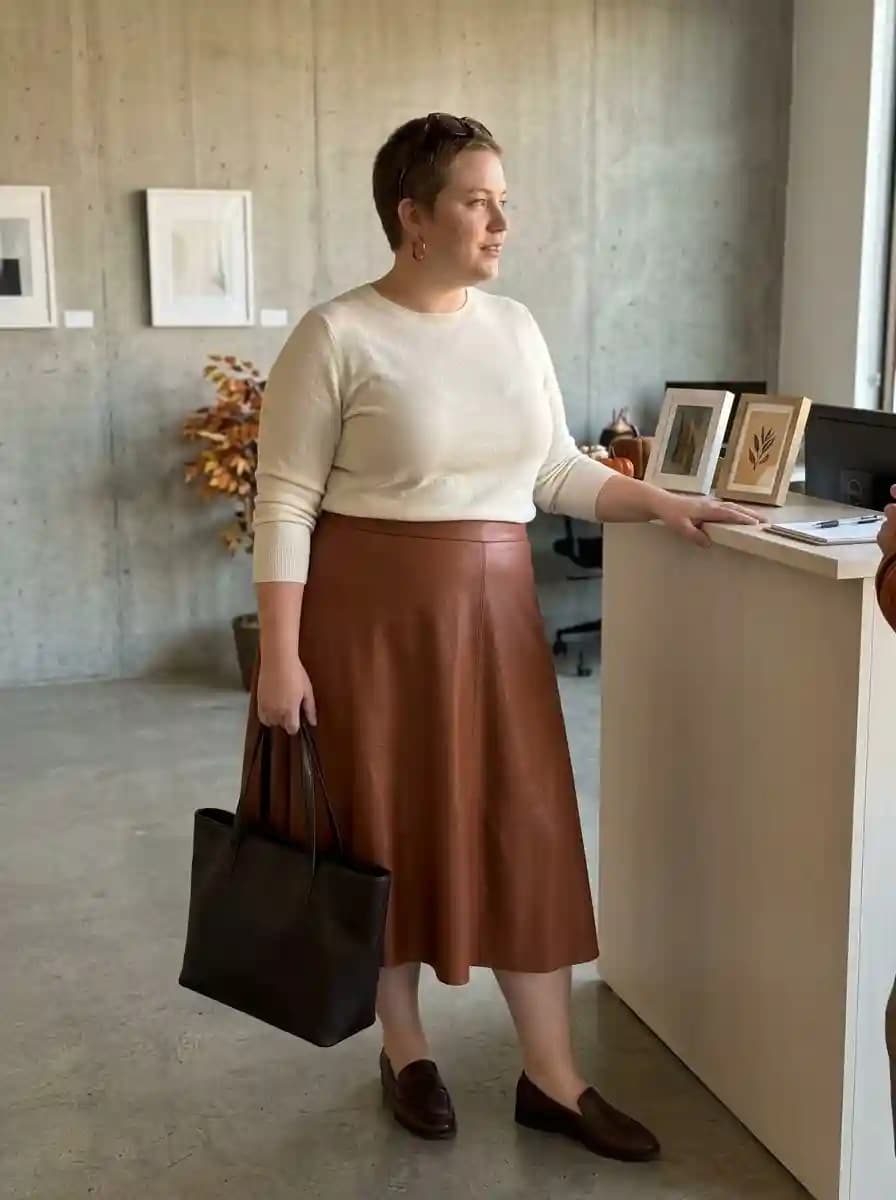 Cream crew-neck sweater tucked into cognac brown faux-leather midi skirt with dark brown loafers