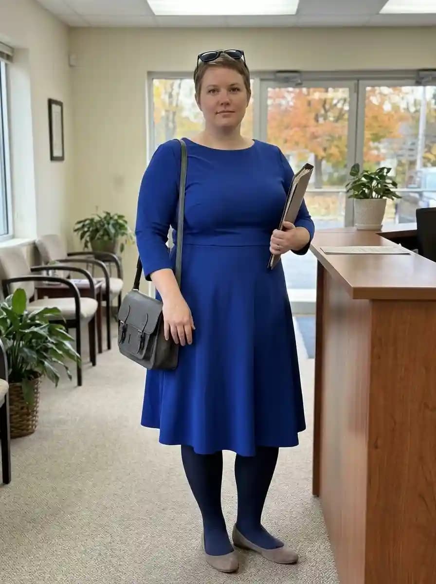 Royal blue fit-and-flare midi dress with dark tights, taupe flats, and charcoal shoulder bag
