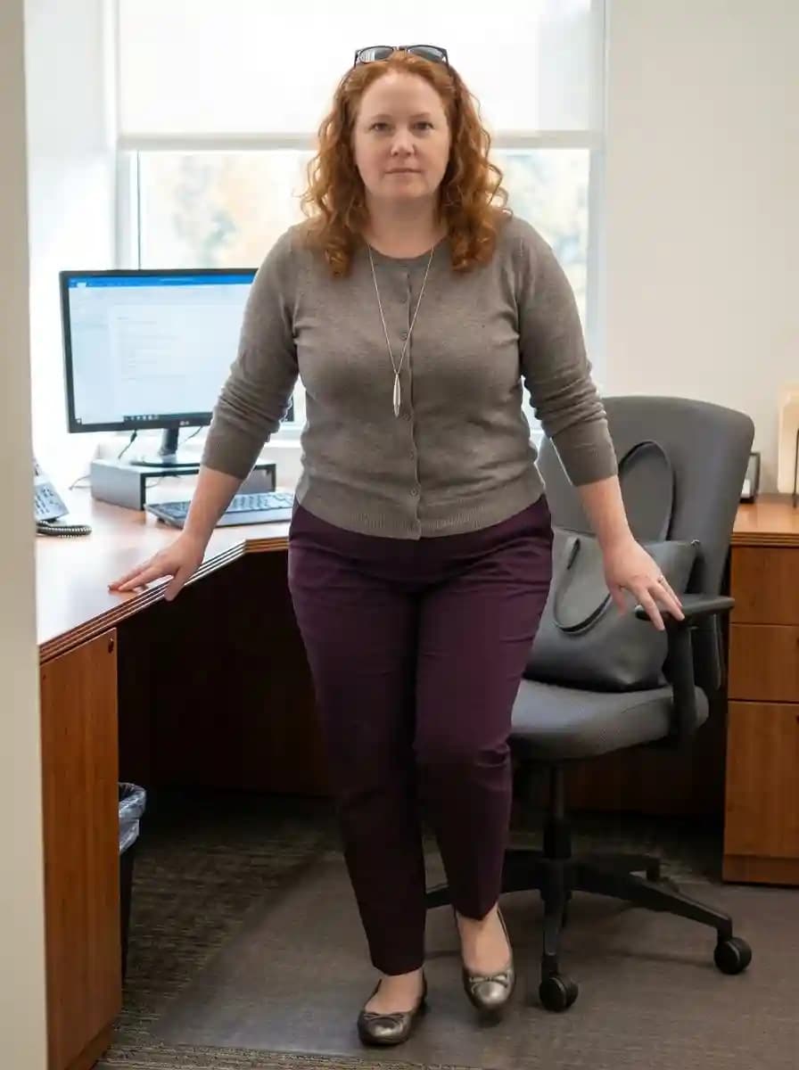 Grey button-front cardigan worn as a top with deep plum purple tailored trousers and pewter flats