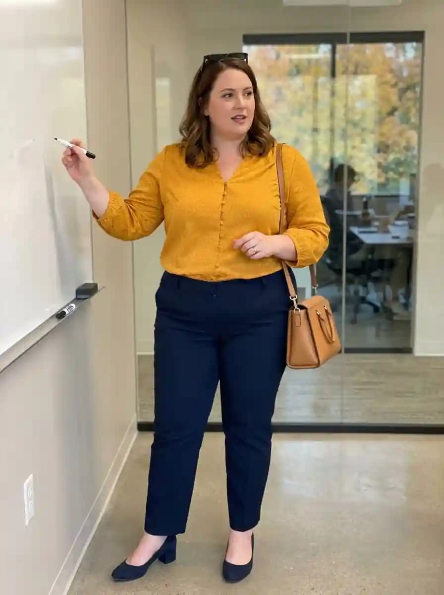 Mustard yellow textured button-front blouse tucked into navy tailored trousers with navy pumps