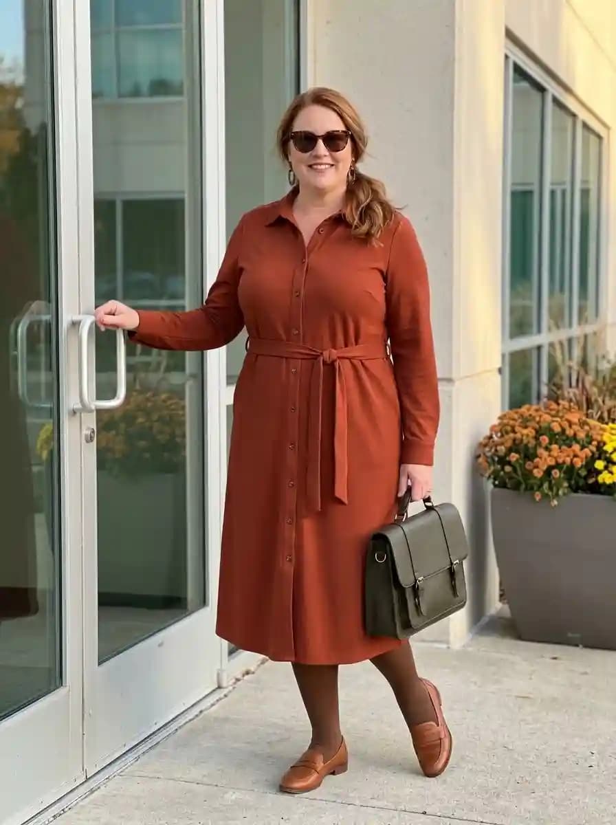 Rust brown collared button-up shirt dress with waist tie, dark brown tights, and brown loafers