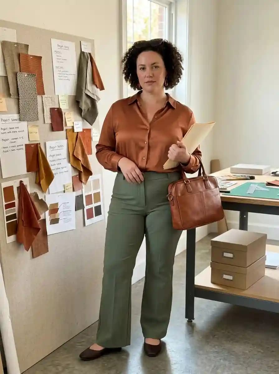Rust satin button-up blouse tucked into high-waisted olive green trousers with dark brown flats