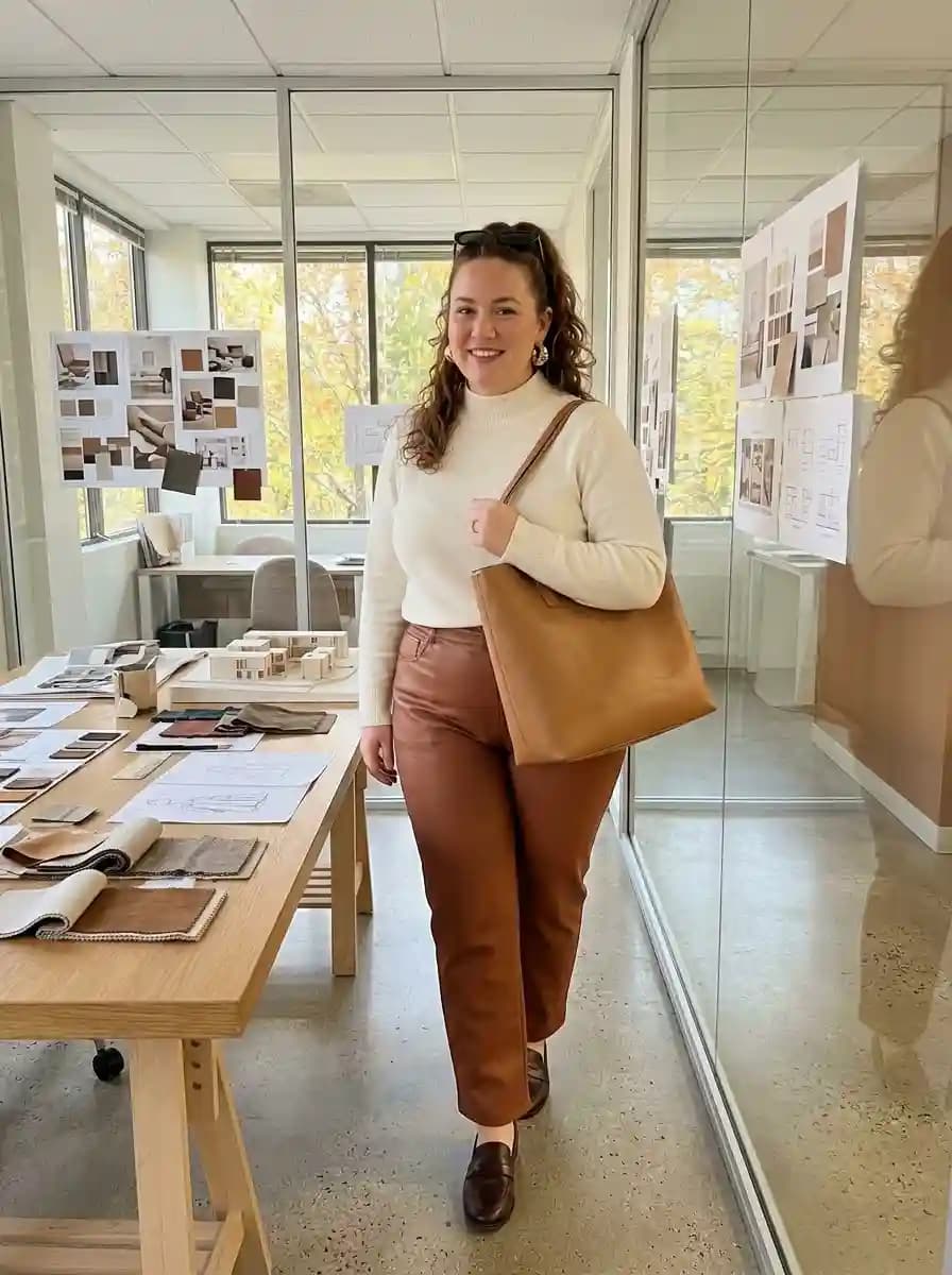 Cream mock-neck sweater tucked into high-waisted brown faux-leather pants with dark brown loafers